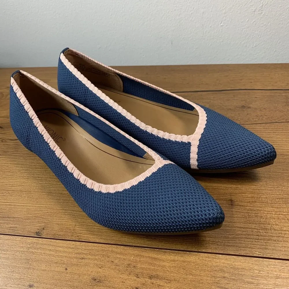 Vionic Dahlia Blue Woven Pointed Toe Ballet Flats Pink Trim 7.5 Knitted Slip On